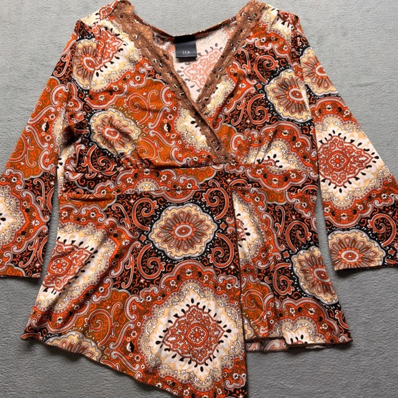 j.t.b. Tops - J.T.B. Beaded Orange Paisley Medallion Lace Trim Asymmetric Wrap Top Size M